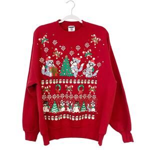 Vintage Jerzees Mens Size L Cat Cute Puff Paint Xmas Sweater